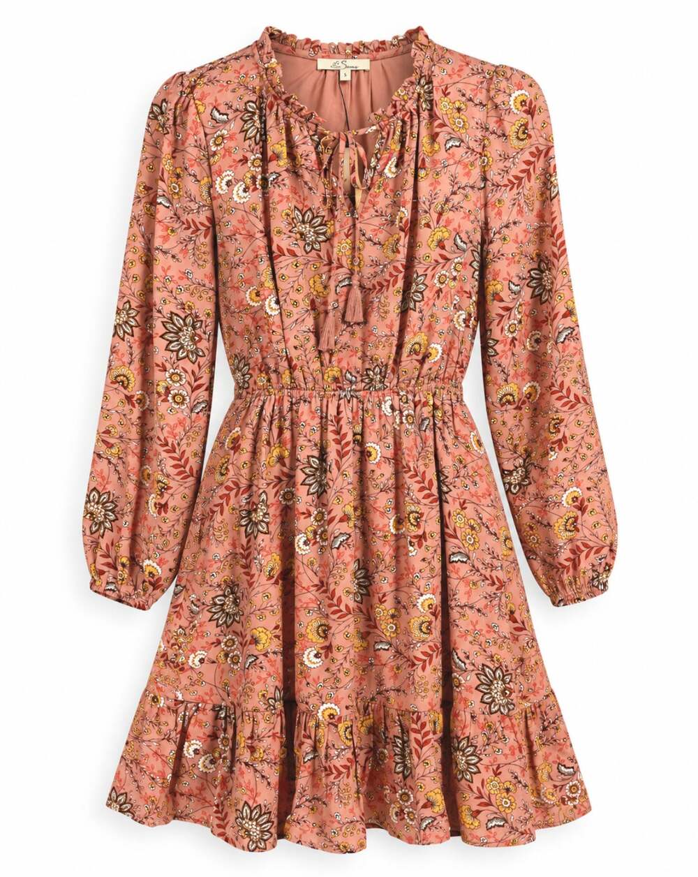 LES SEREIN Floral Long Sleeve Mini Dress Small Pink Multi Elastic Waist NWT